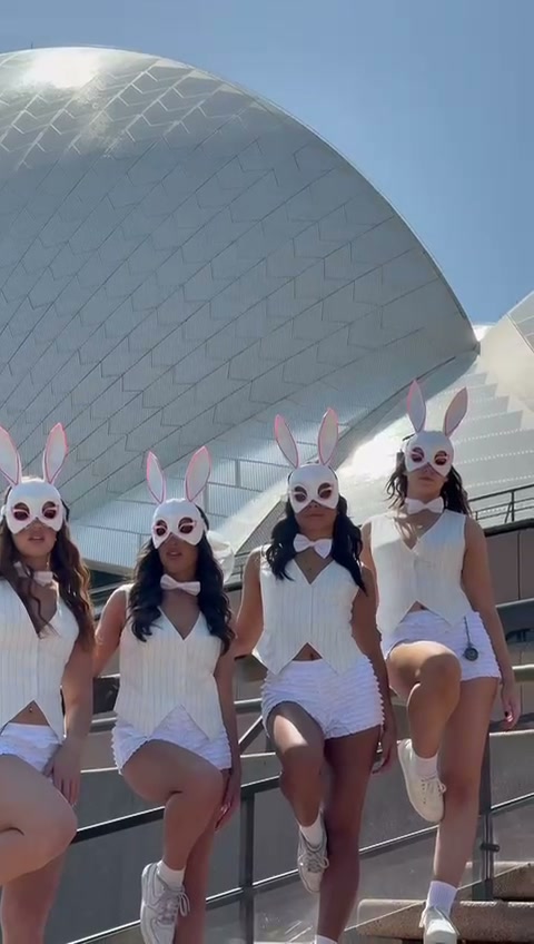 Close-up of performers in bunny masks at Opera House
